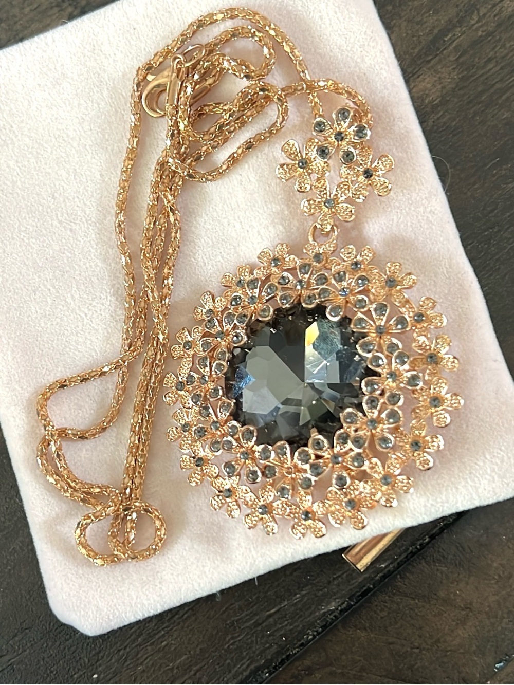 Gold Floral zirconia Pendant Necklace with gray  Crystal Center